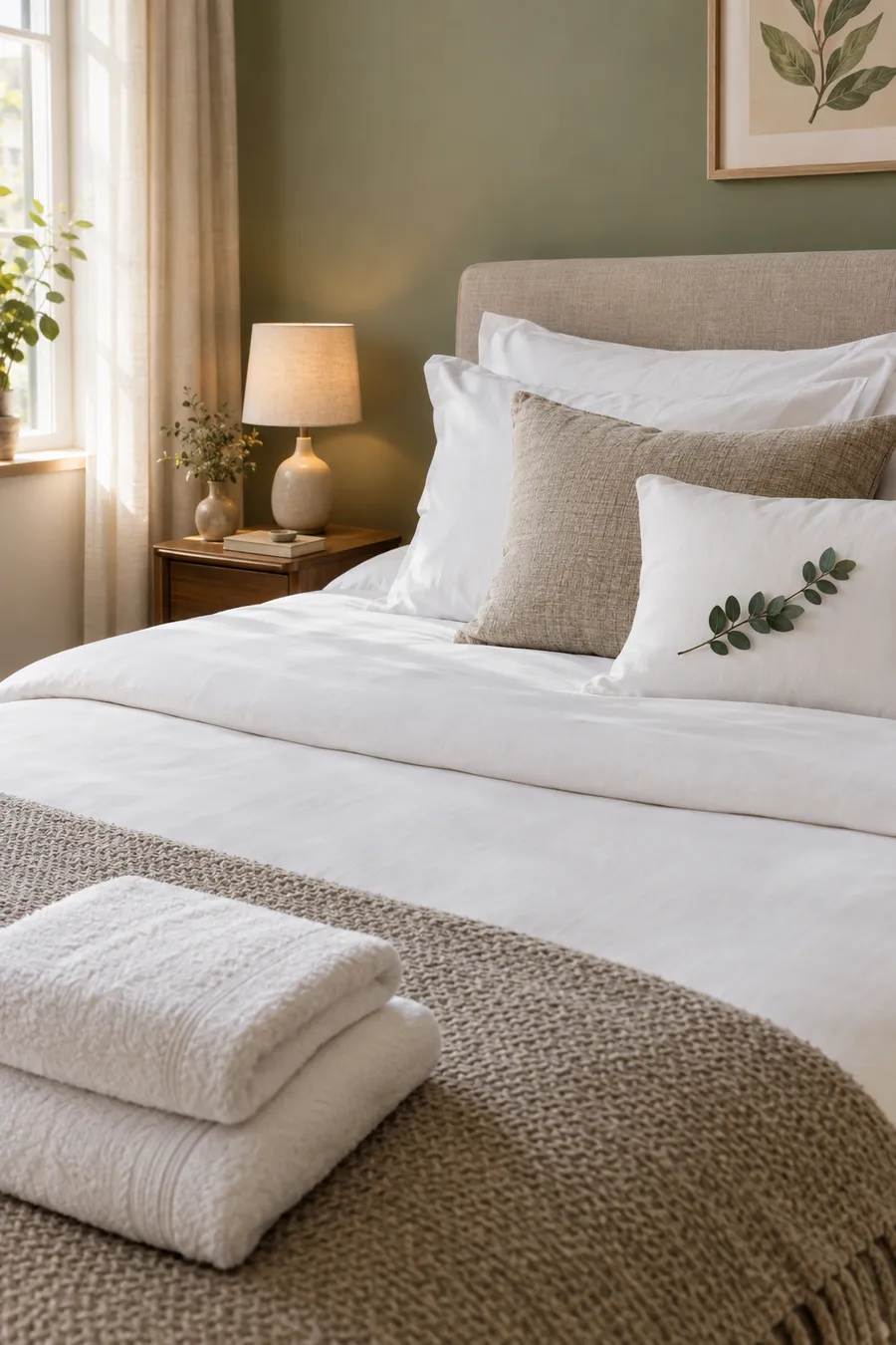 A crisply made bed with white linen and folded towels ready for guests