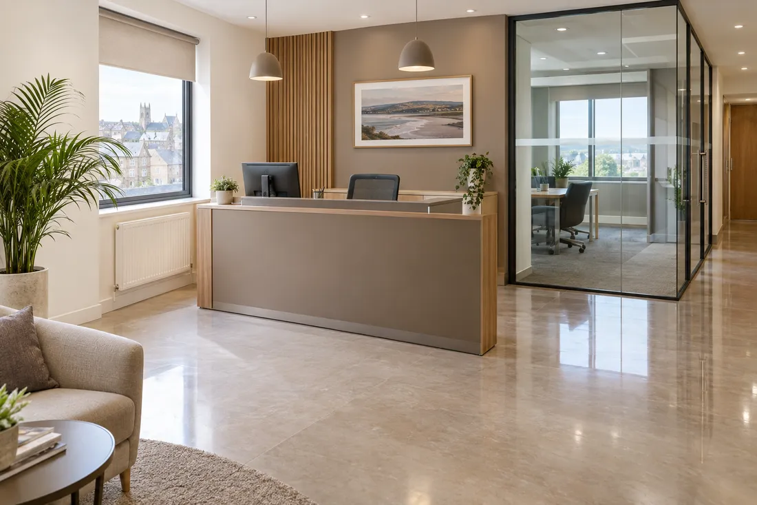 A clean, bright office reception with a polished floor