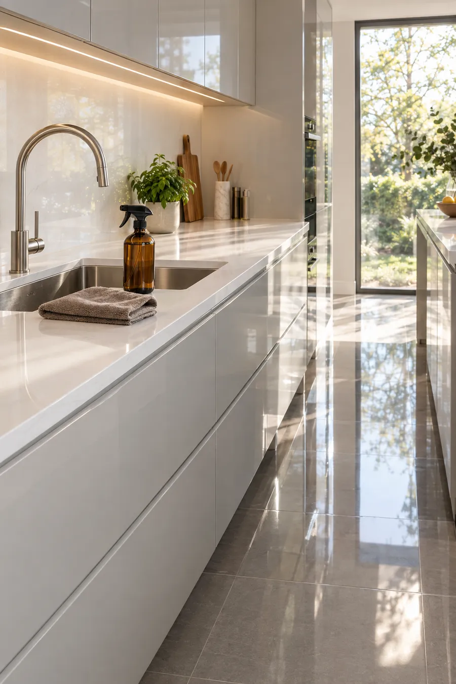 A spotless kitchen with gleaming white worktops and a polished tiled floor