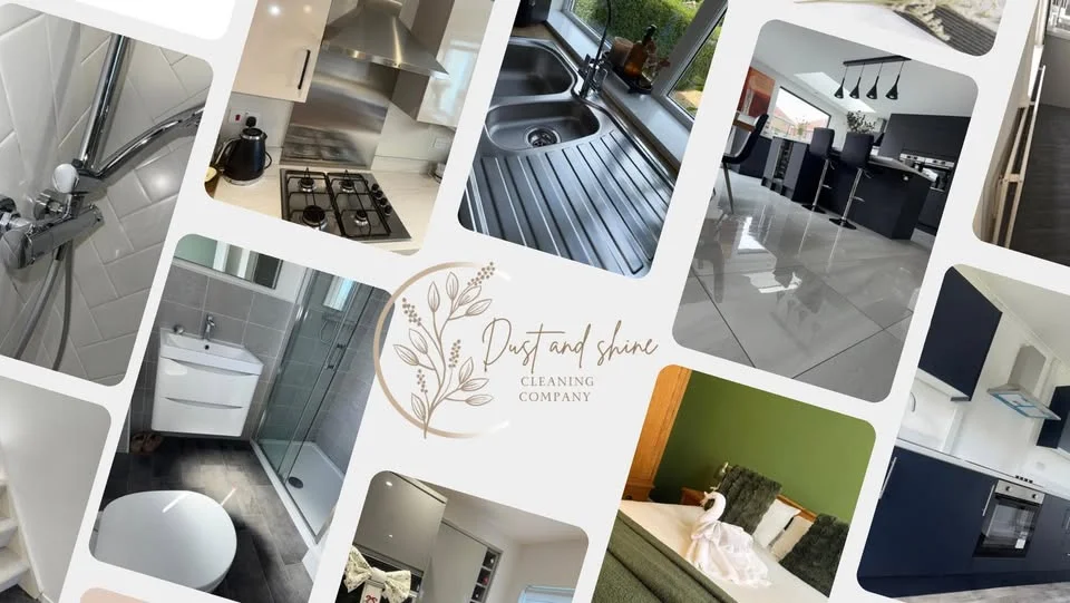 A collage of recent Dust and Shine cleaning jobs: shower, hob, sink, kitchen floors, bathroom and a freshly made bed